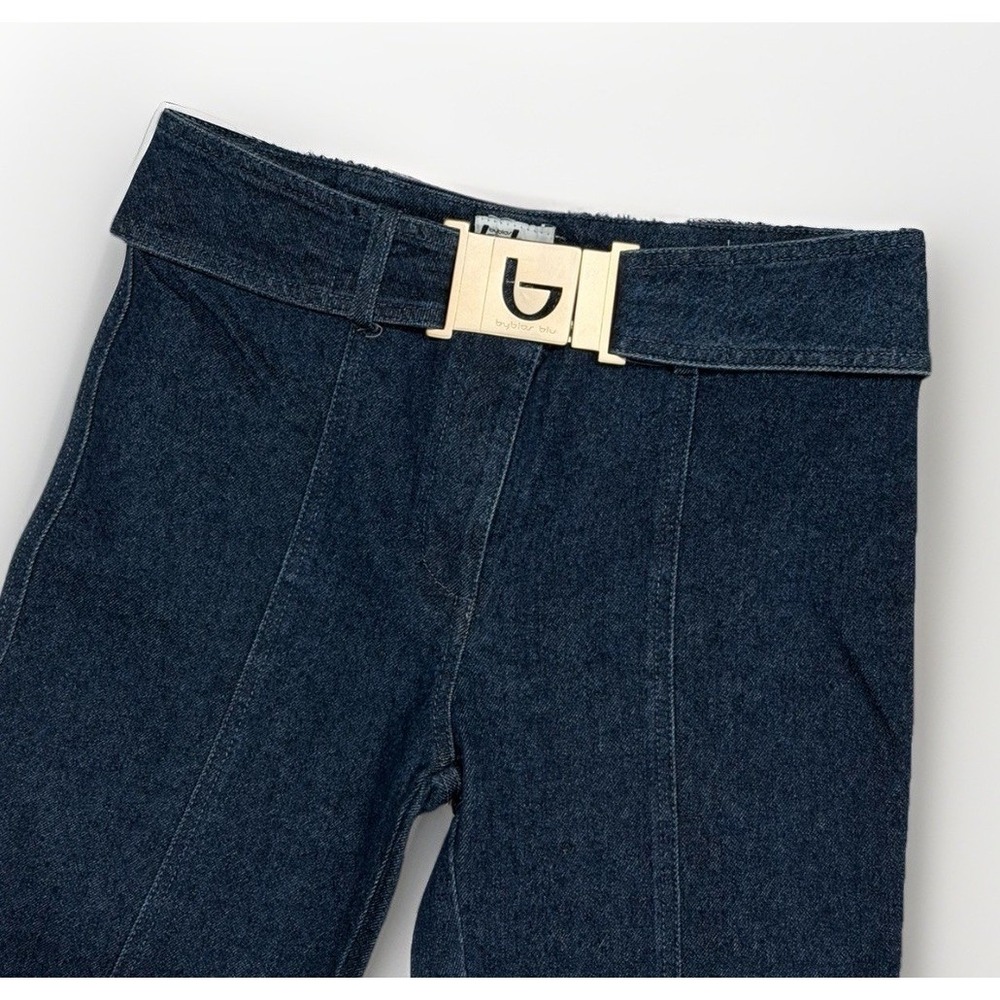 Vintage 90s Y2K Byblos Blu Italy Women's Flare Blue Jeans Size 8 Metal Buckle